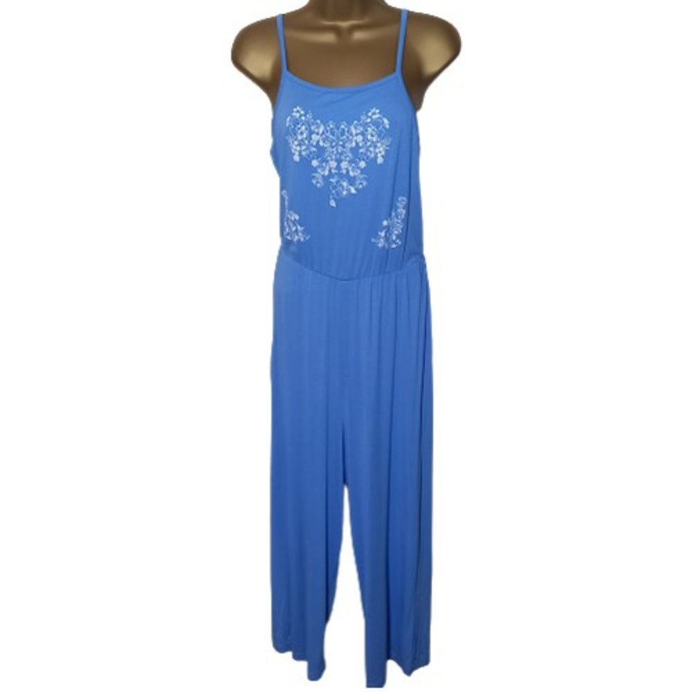 Size 8 Light Blue & White Floral Strappy Stretchy Jumpsuit - Picture 1 of 8